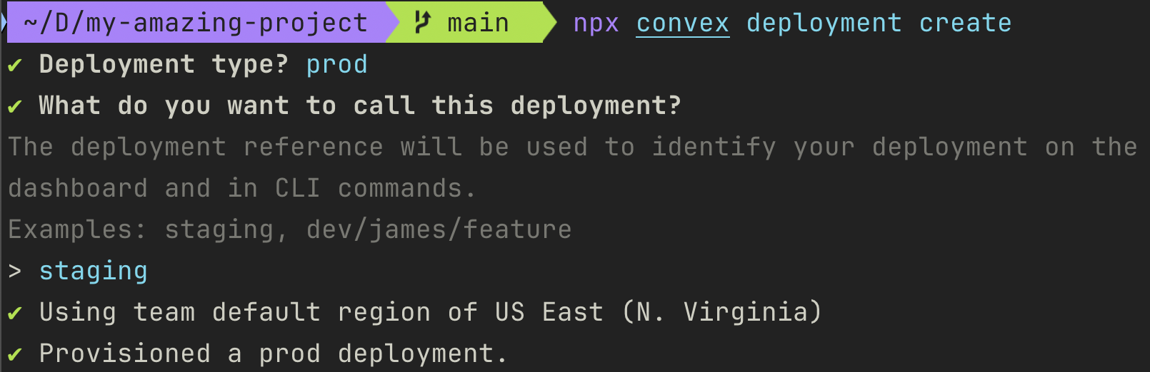 CLI Screenshot showing npx convex deployment create
