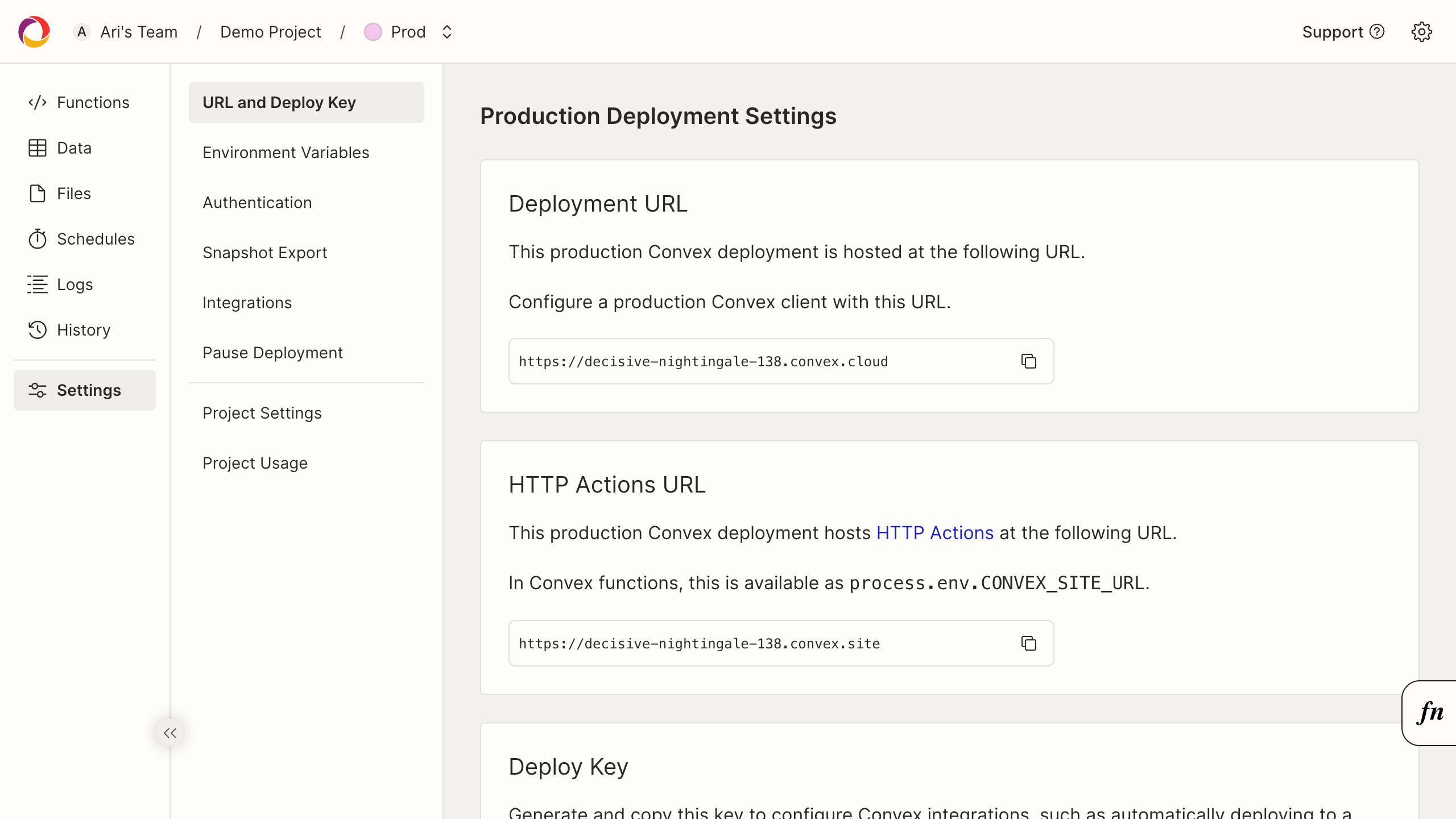 Deployment Settings Dashboard Page