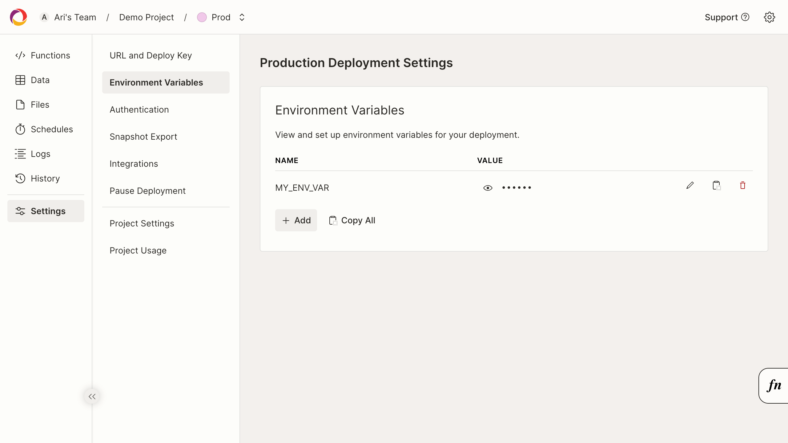 deployment settings environment variables page