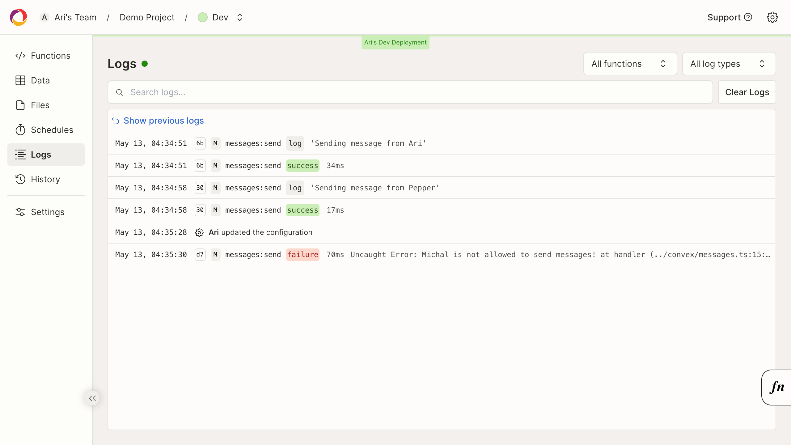 Logs Dashboard Page