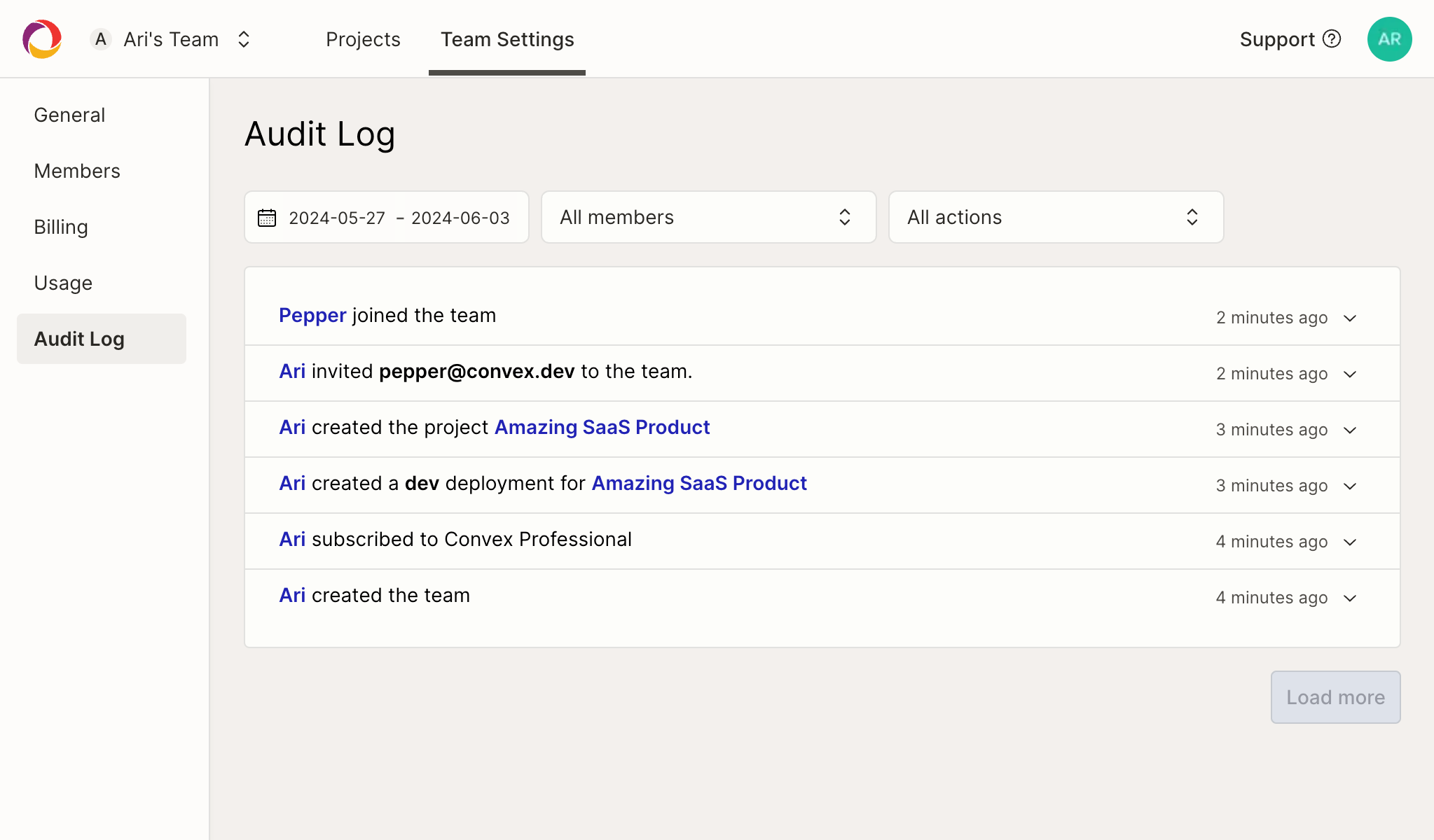 Team audit log page