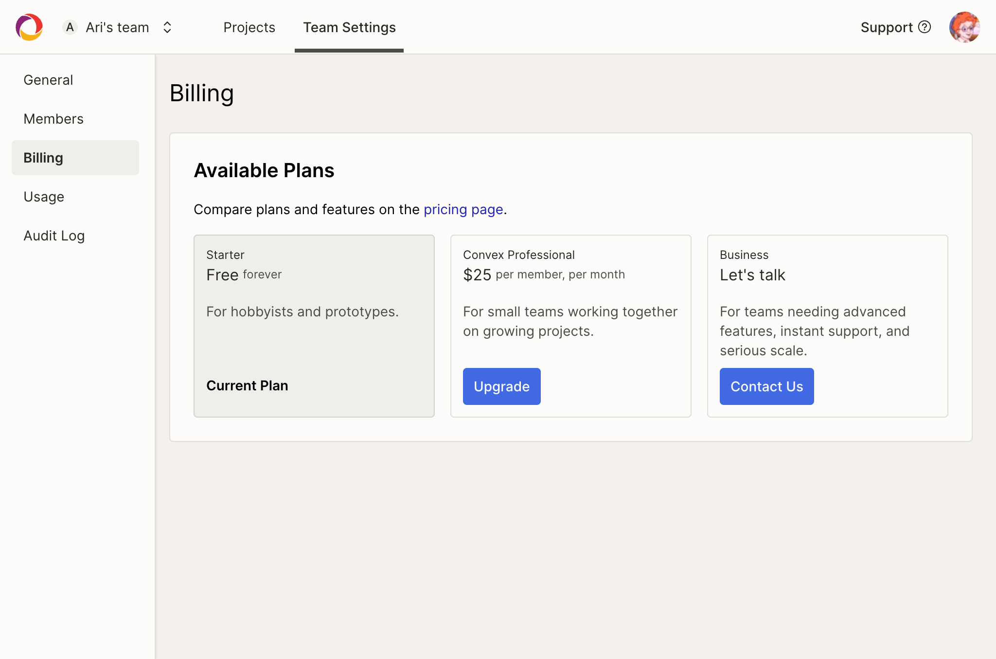 Team billing page