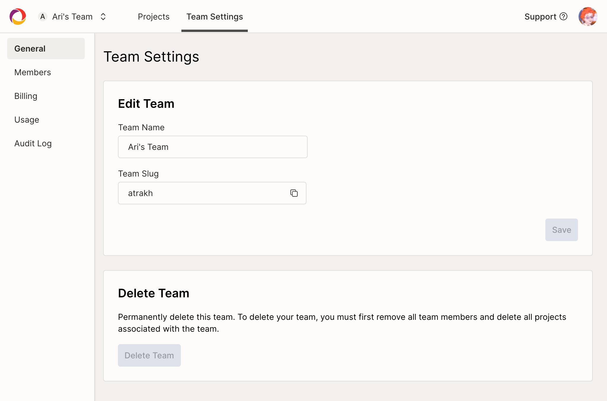 General team settings page