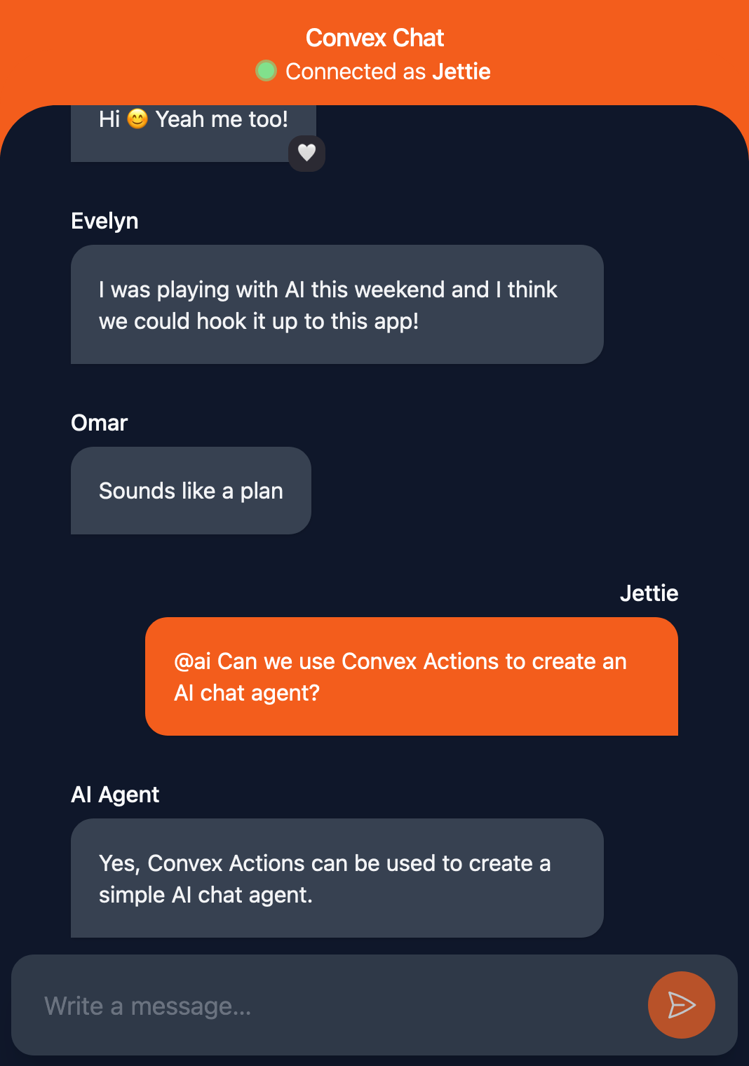 Screenshot of chat app with the current user sending a message '@ai Can we use Convex Actions to create an AI chat agent?' and a user called 'AI Agent' responding with the message 'Yes, Convex Actions can be used to create a simple AI chat agent.'