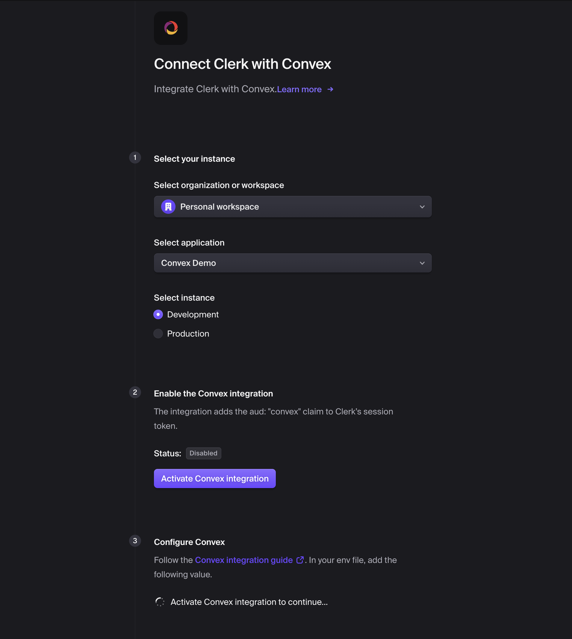 Activate the Convex integration in Clerk