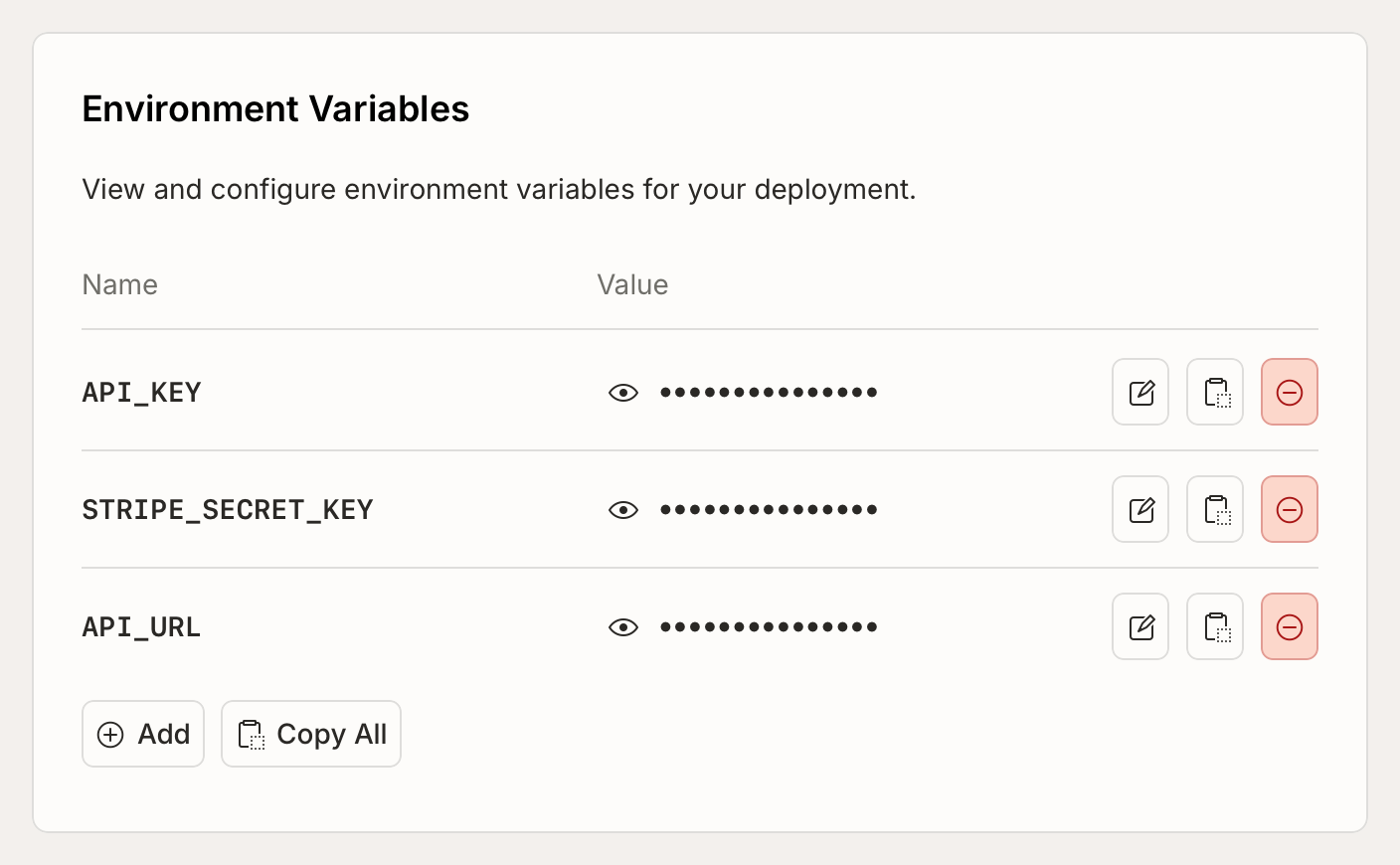 Environment variables table