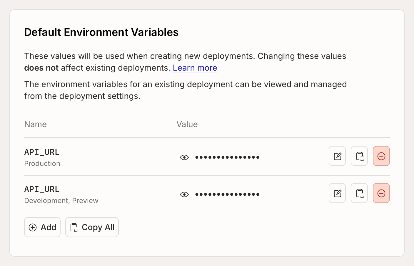 Project default environment variables