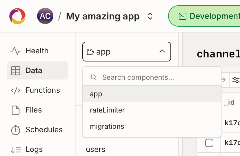 Screenshot of the component dropdown