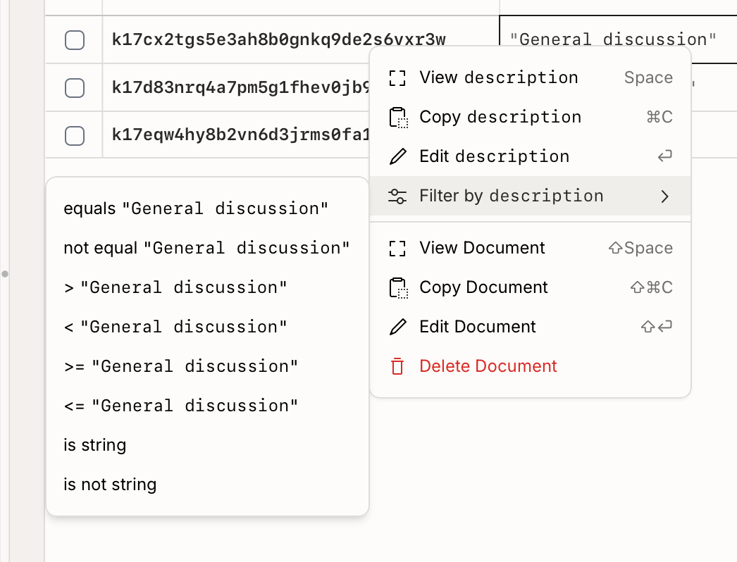 Quick actions context menu