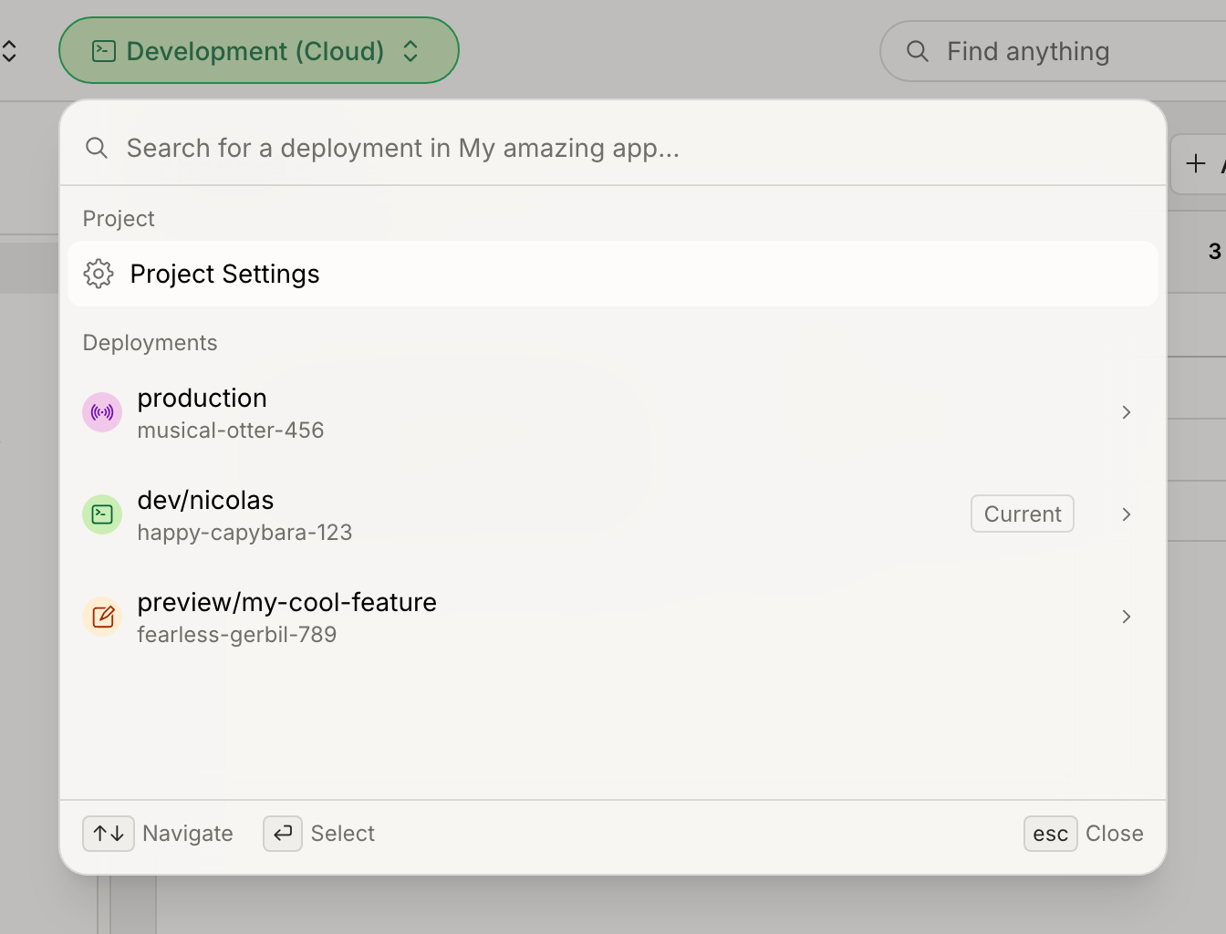 Preview deployment in the deployment switcher