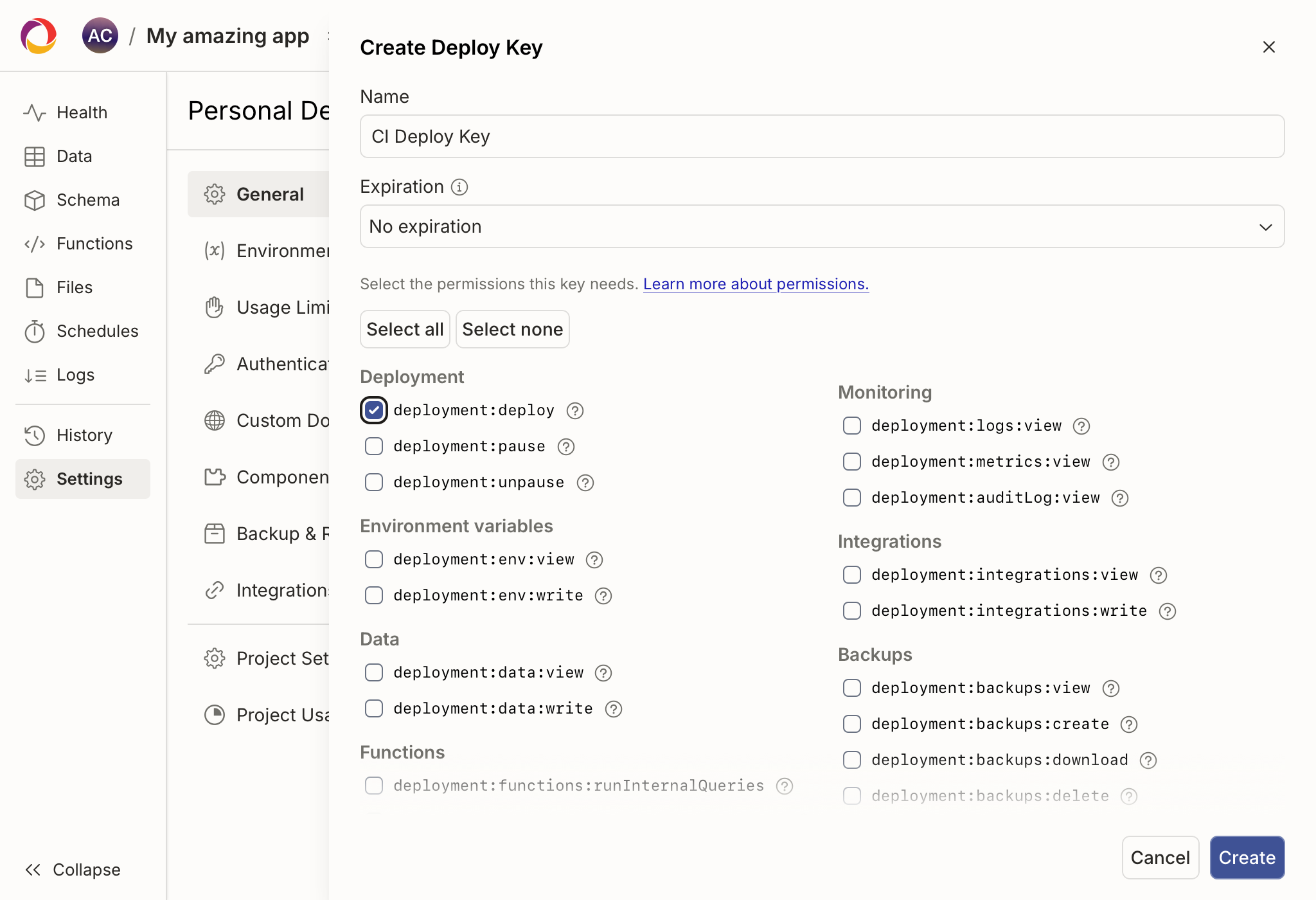 Create Deploy Key panel with the deployment:deploy permission enabled