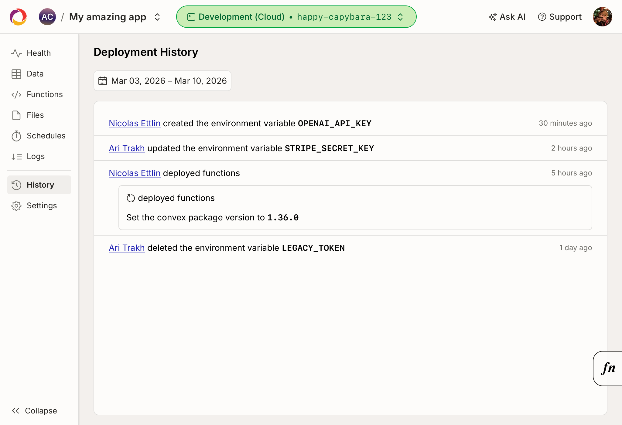 History Dashboard page
