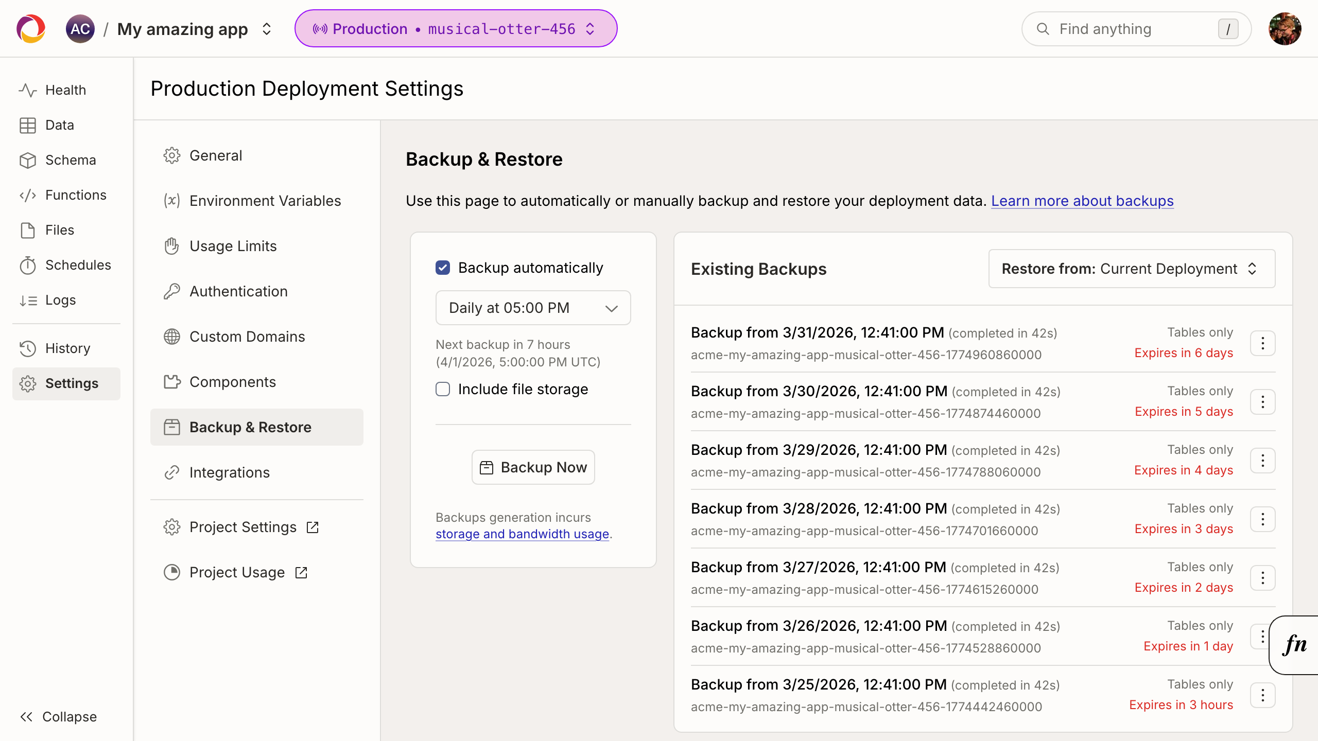 Backups Page