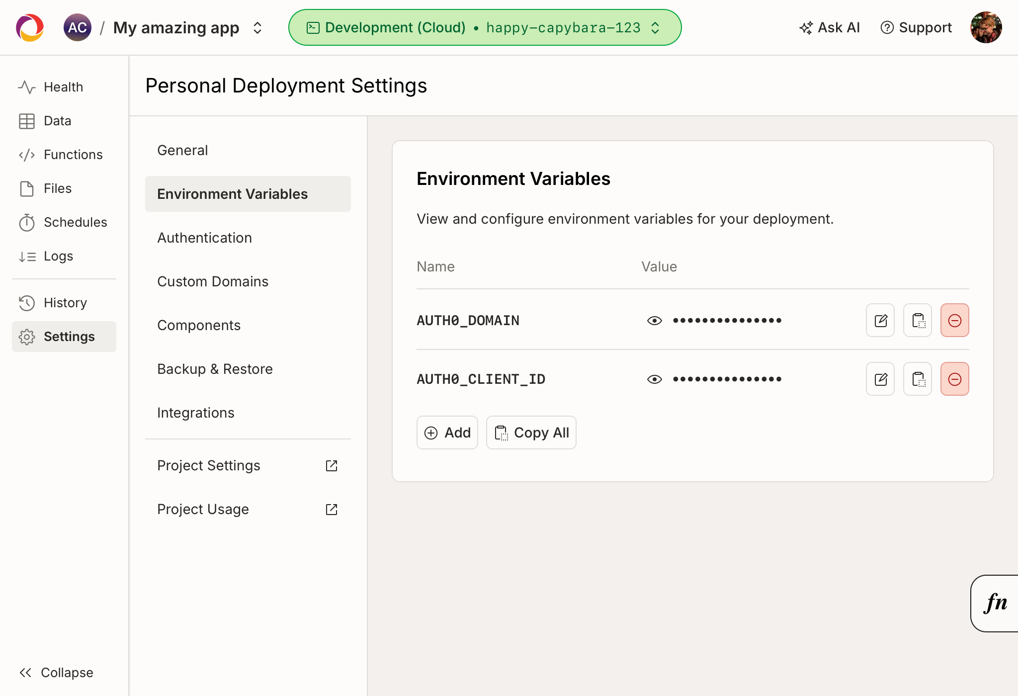 Convex dashboard dev deployment settings