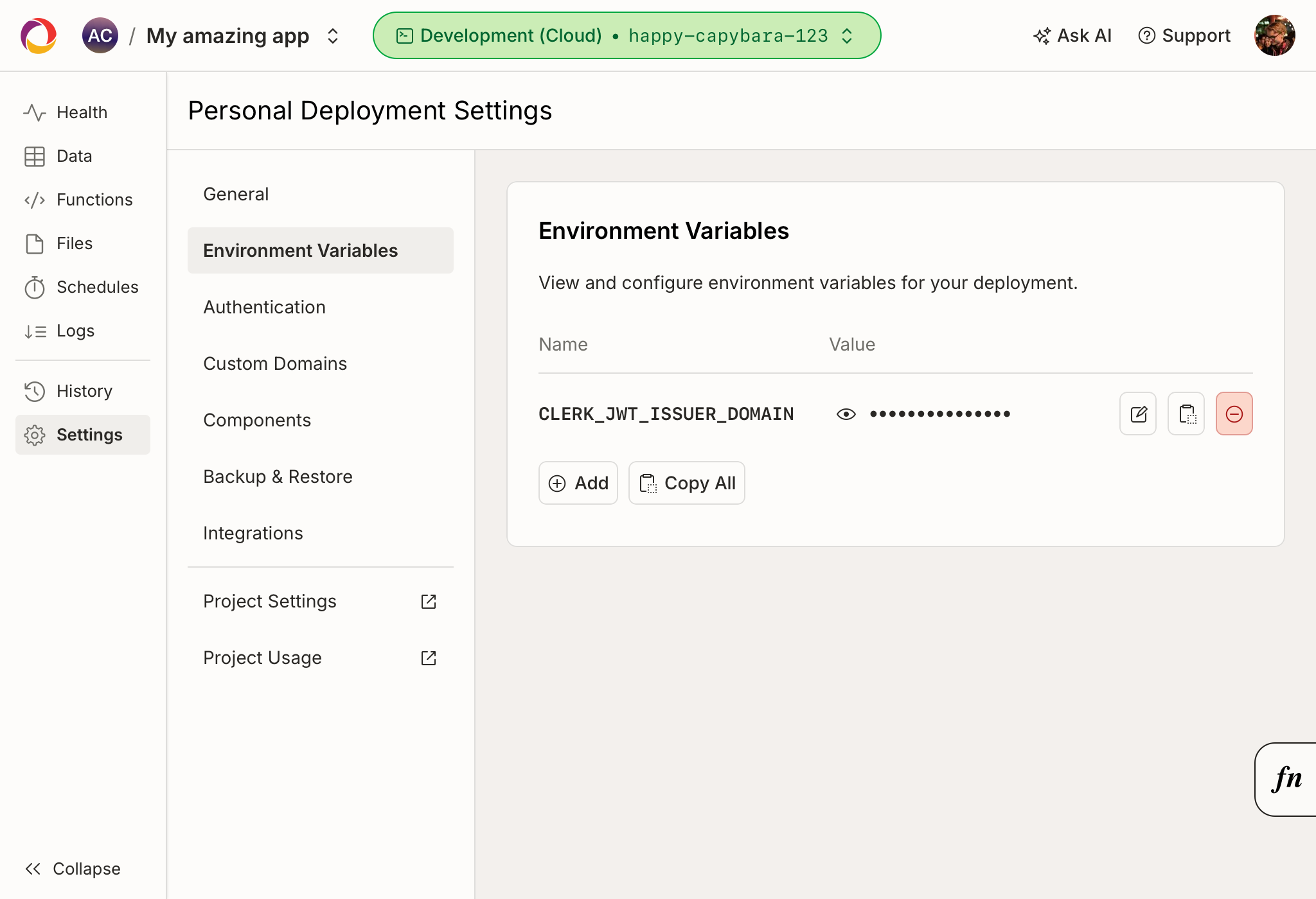 Convex dashboard dev deployment settings