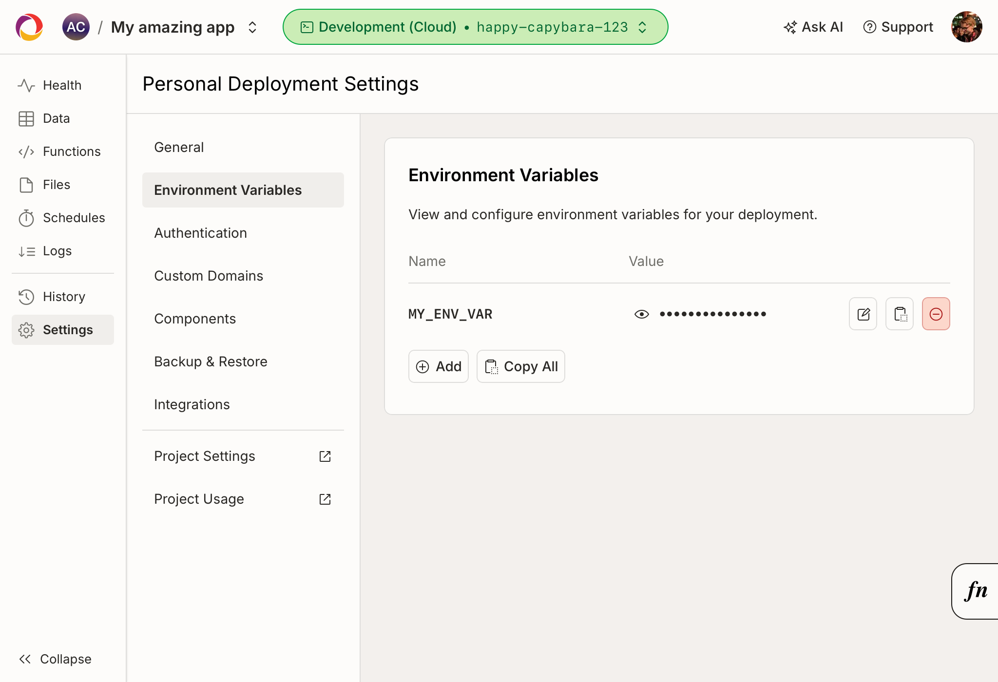 Deployment settings environment variables page