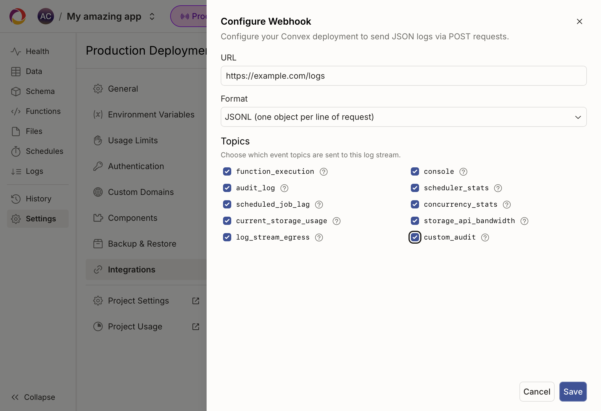 Enabling the custom_audit topic on a log stream