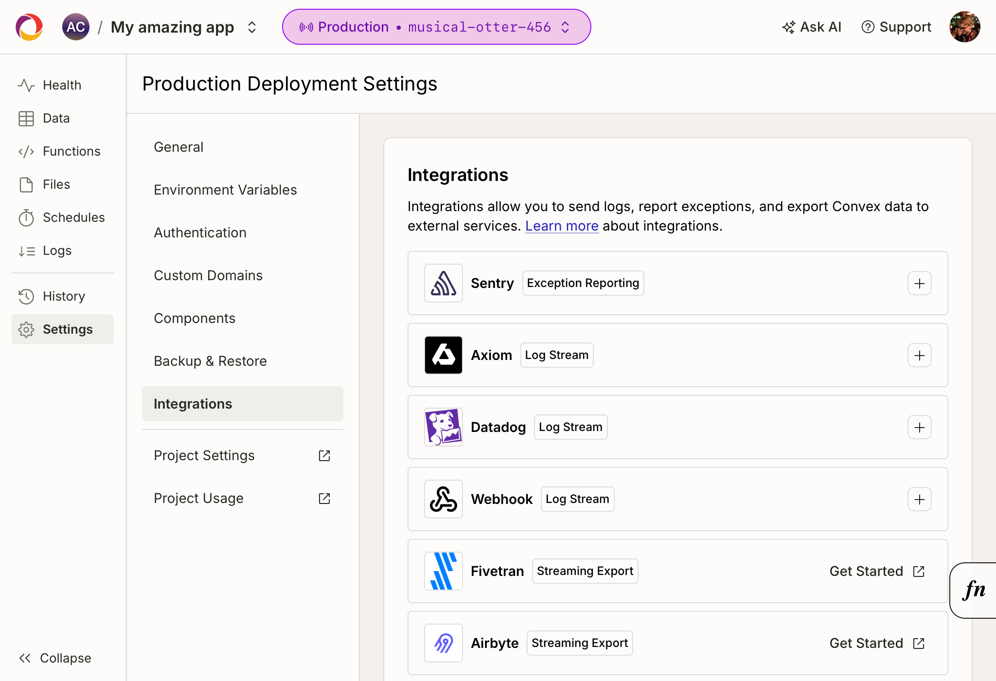 Integrations page