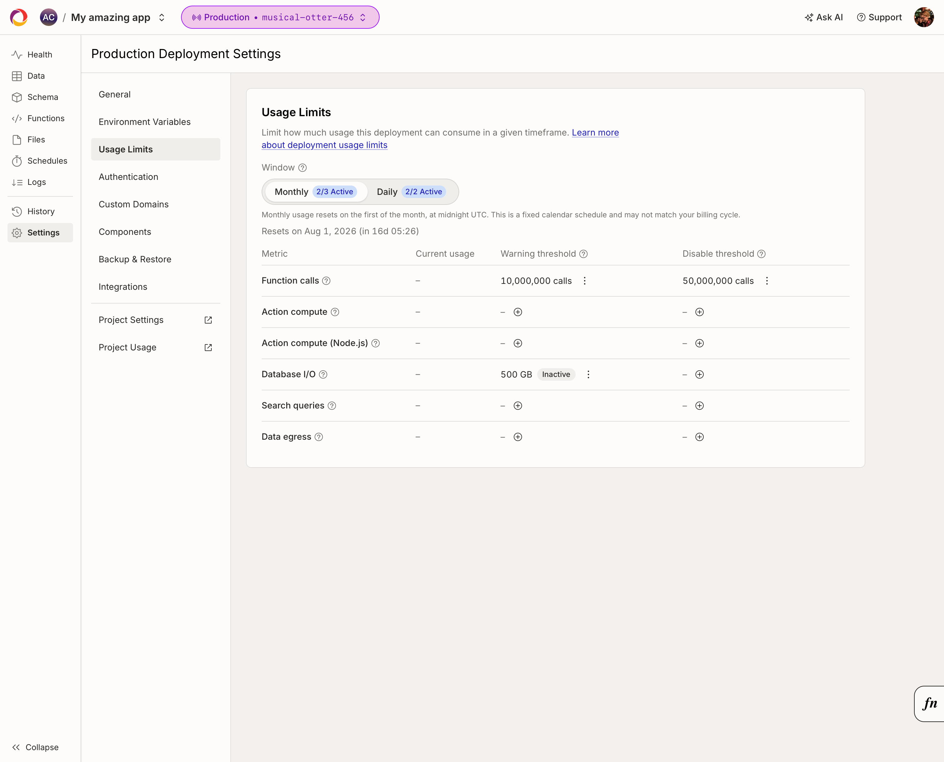 Deployment settings usage limits page