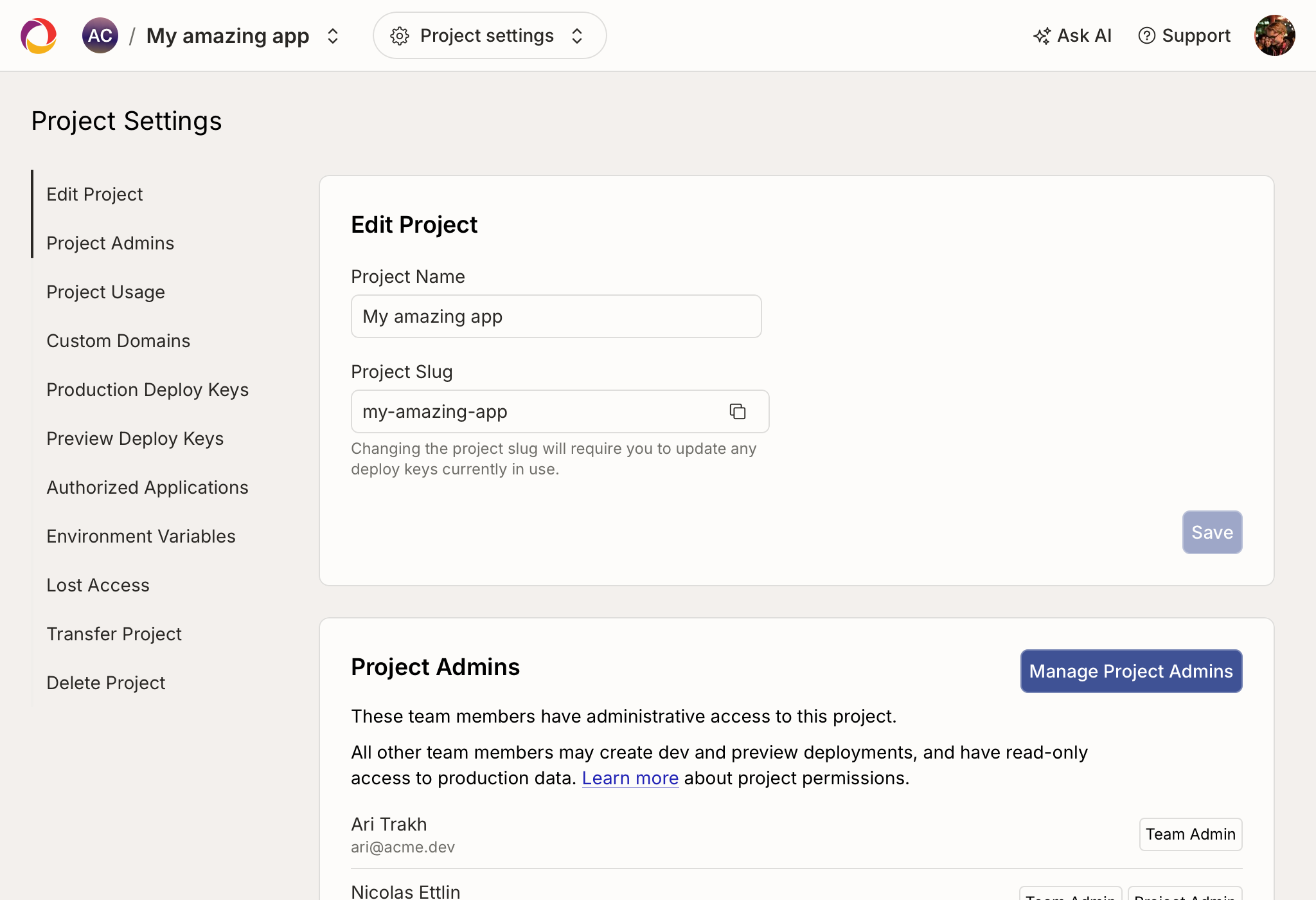 Project settings