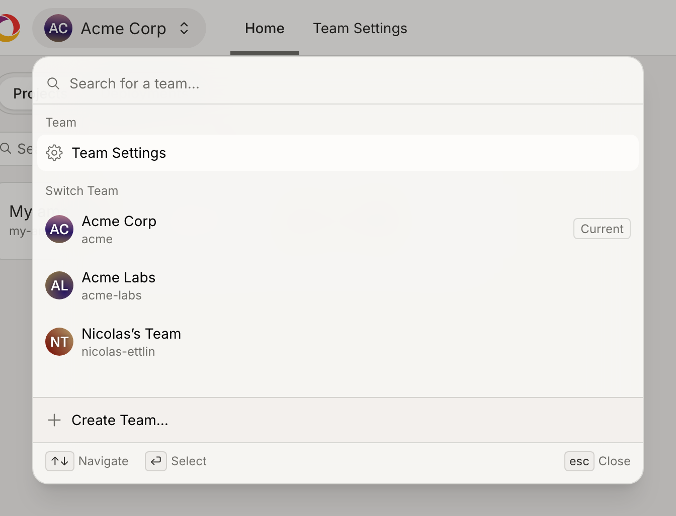 Team switcher