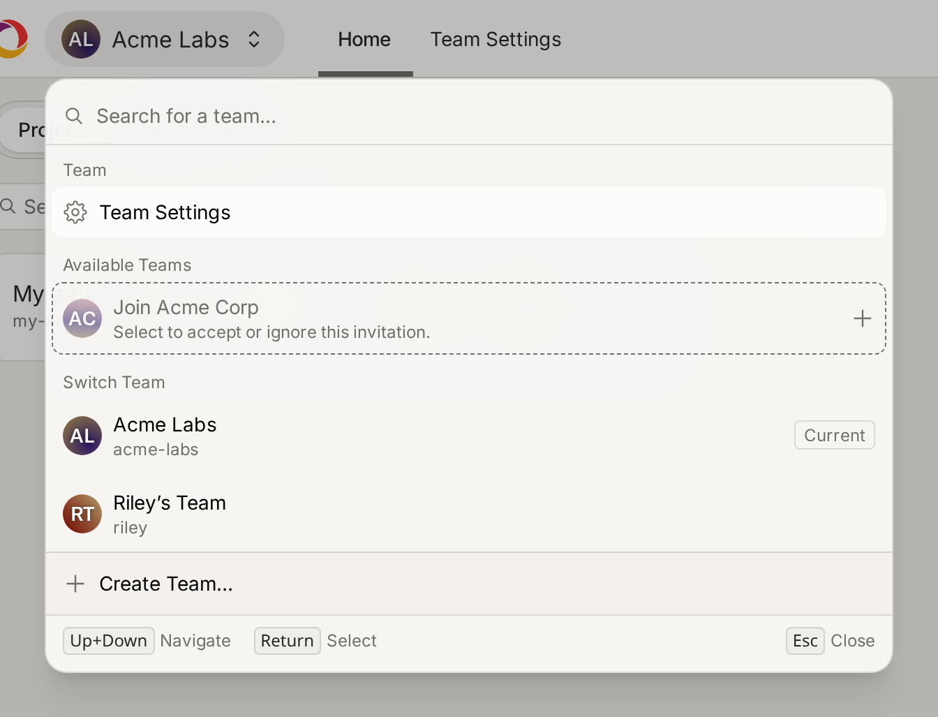 A directory-synced team offered as an invitation in the team switcher