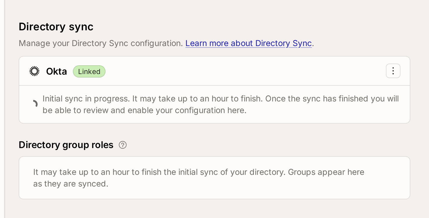 The Directory Sync section during the initial sync, with no groups yet