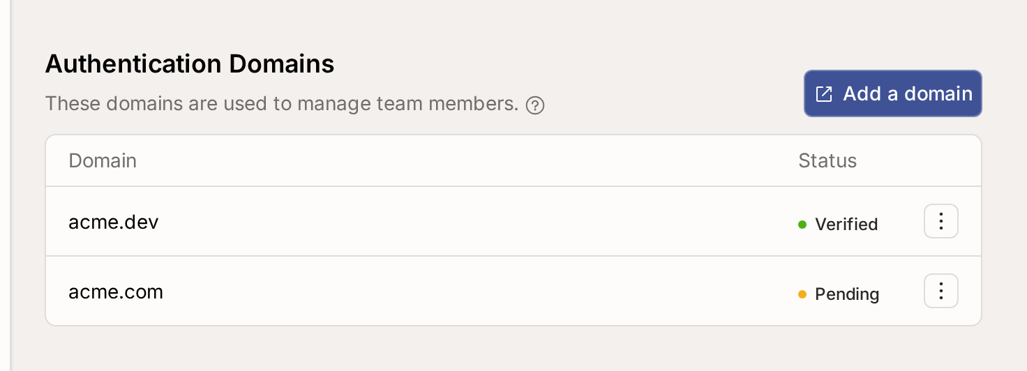 The Authentication Domains section listing a verified and a pending domain