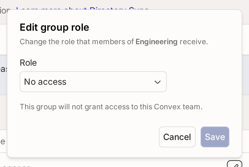 The dialog for choosing the Convex role a directory group gives