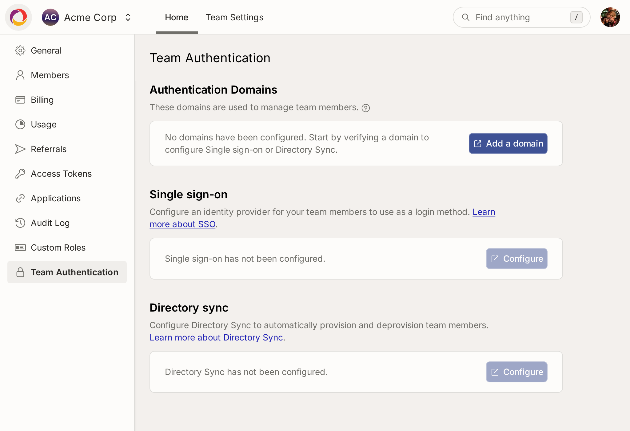 Team authentication page