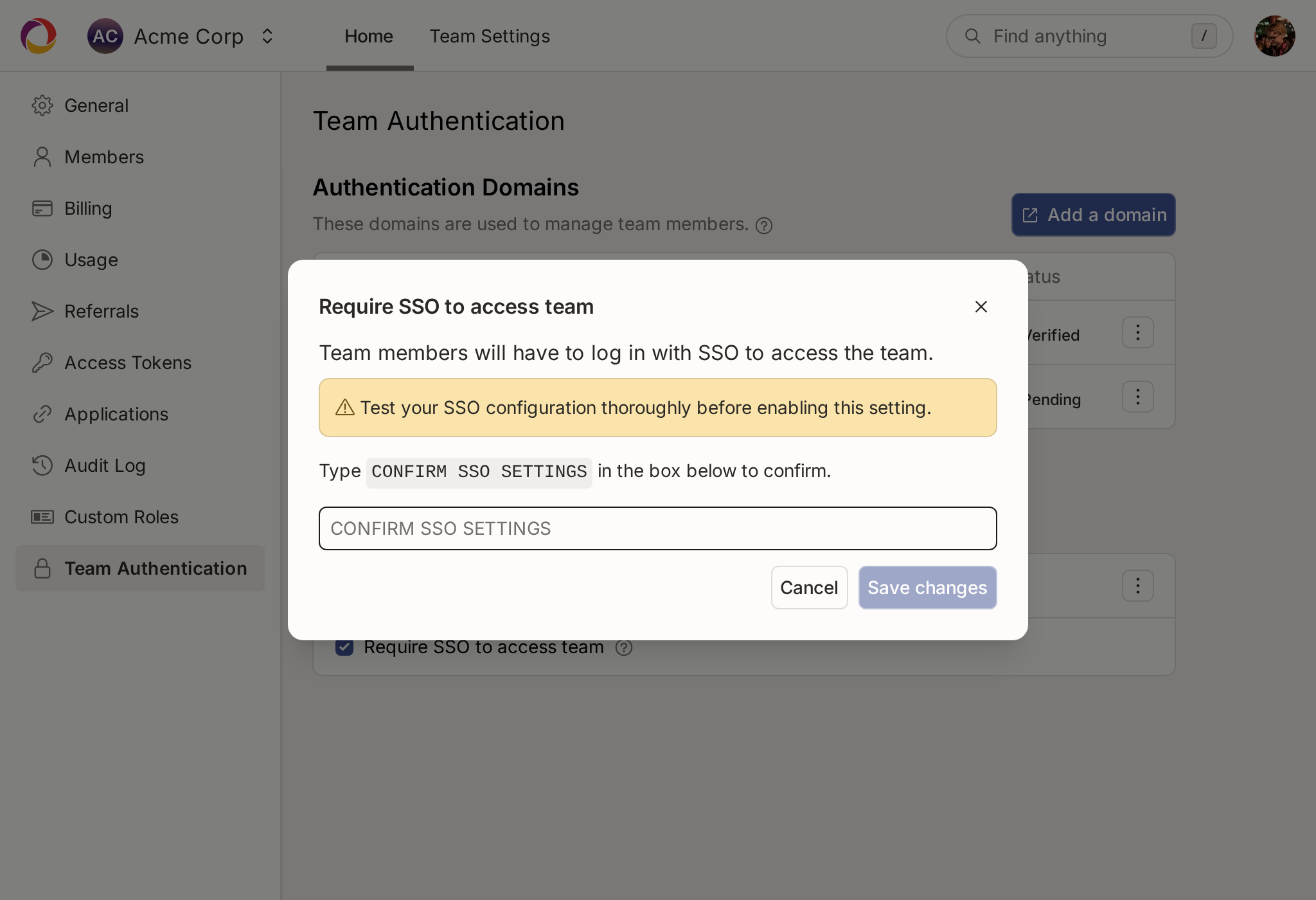The confirmation dialog for requiring SSO to access the team