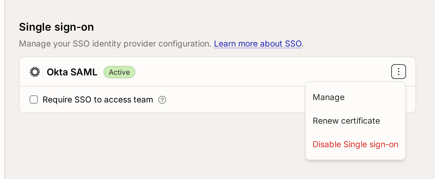 The connection menu with Manage, Renew certificate, and Disable Single sign-on