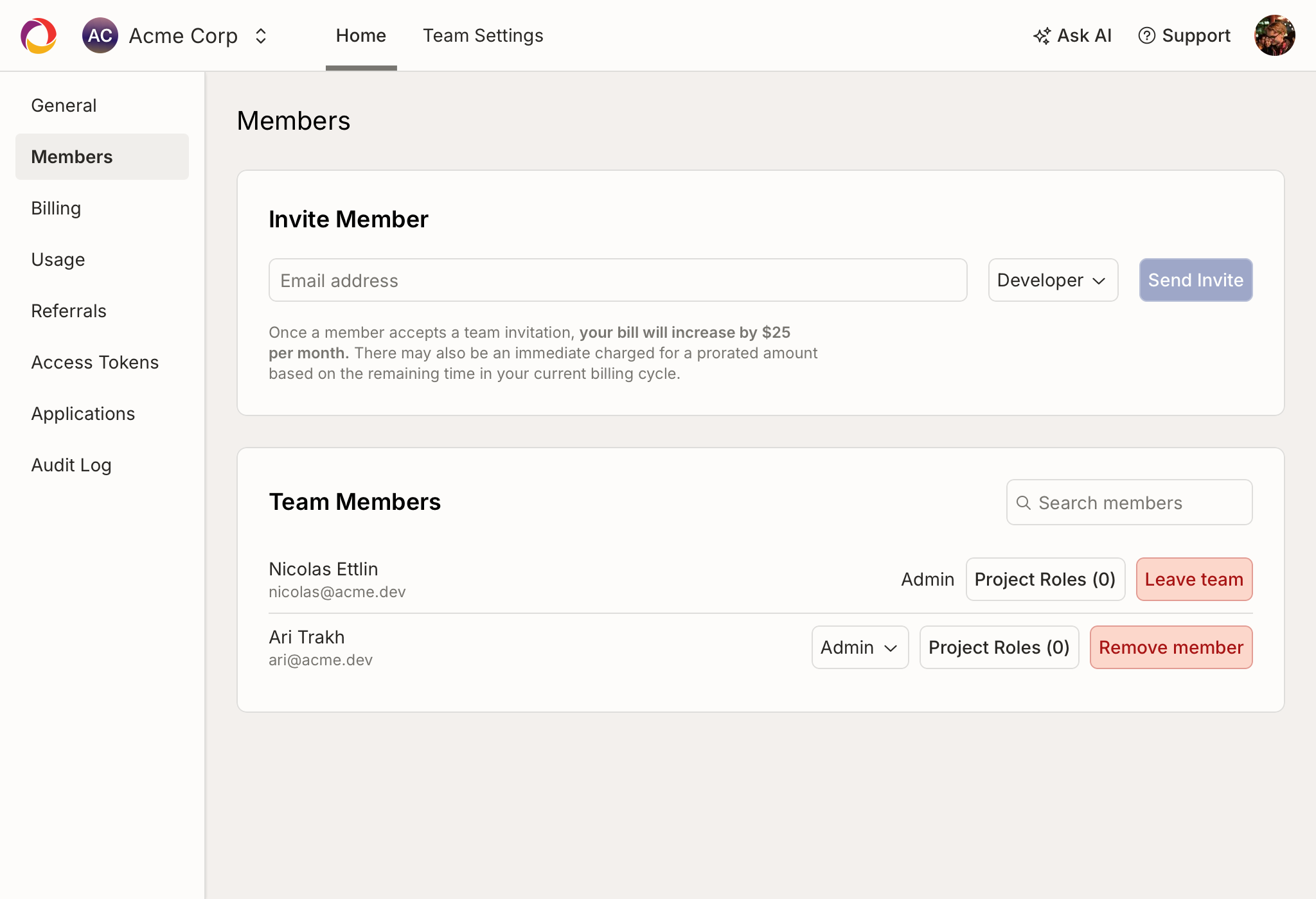 Team members page