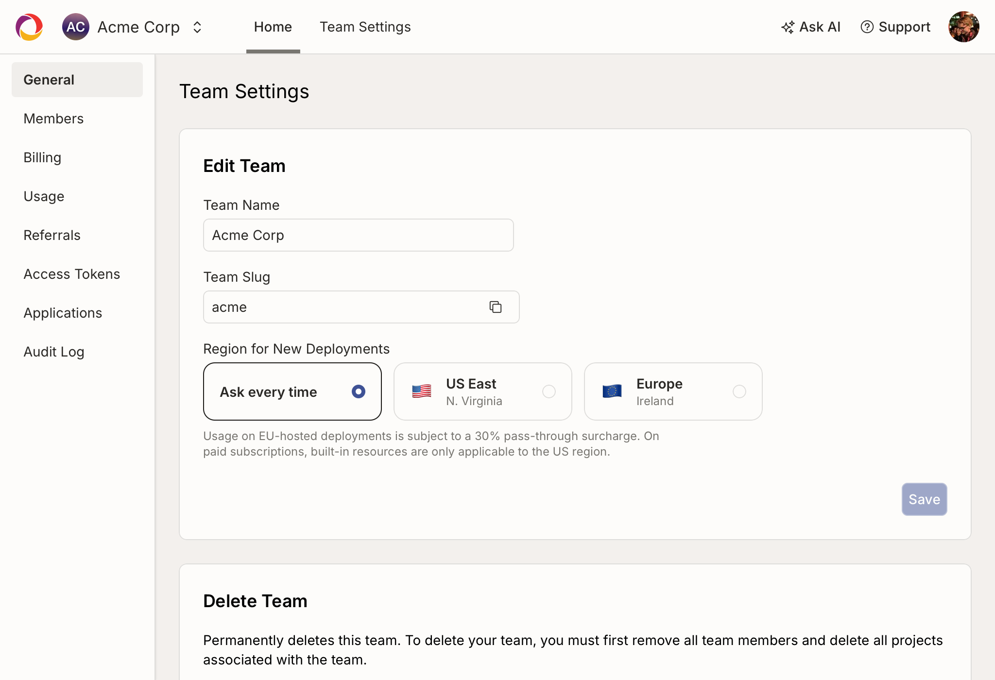 General team settings page