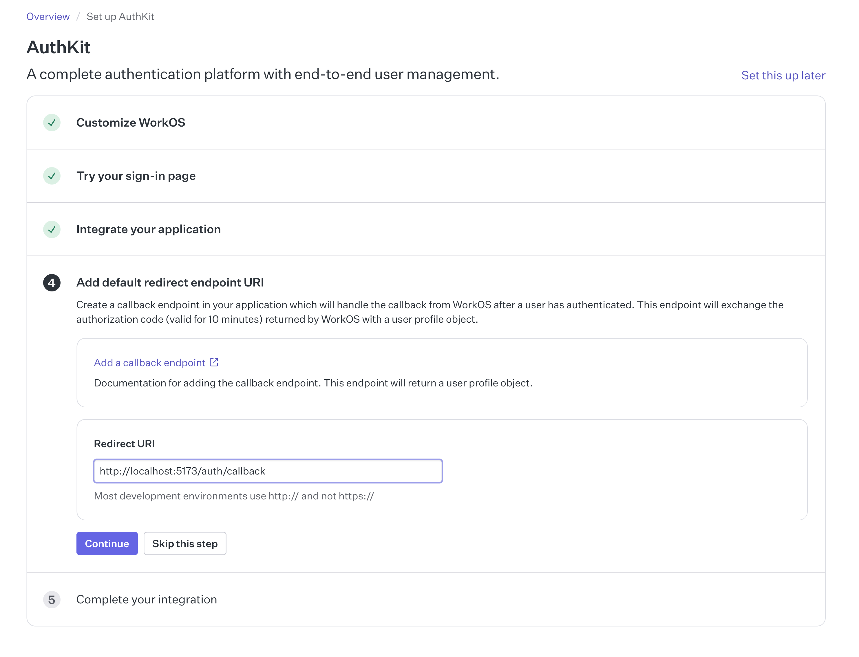 Set the redirect URI endpoint